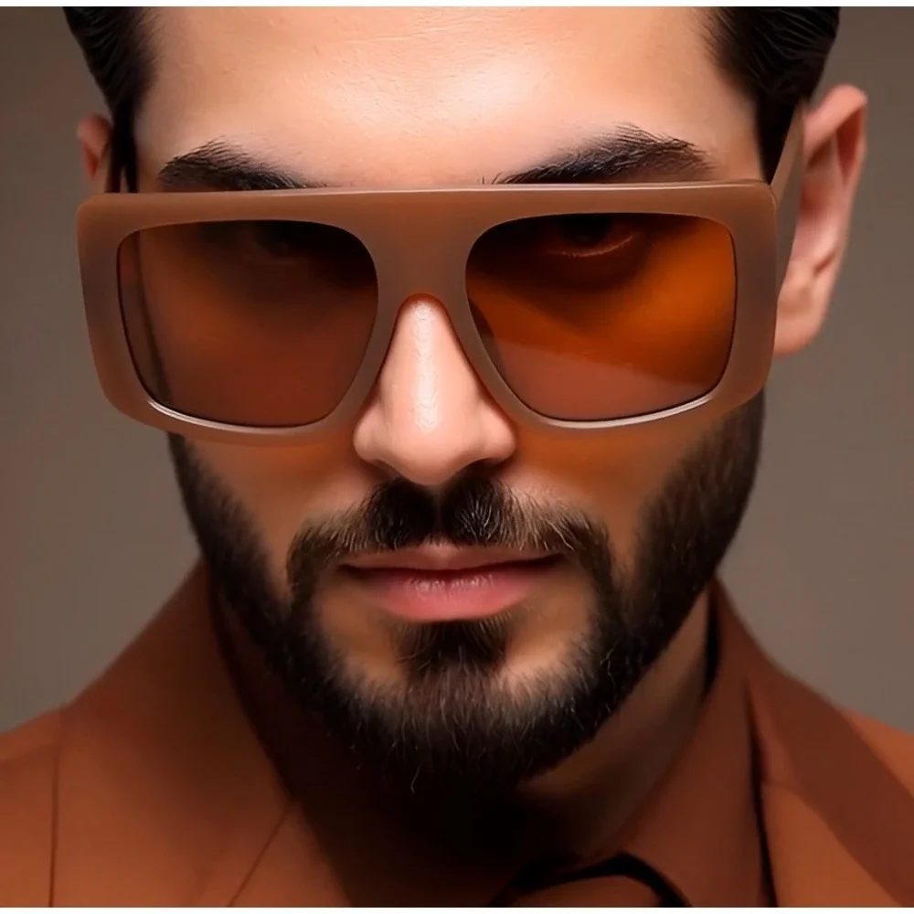 Oversized Square Sunglasses Men Amber Lens Fashion Designer Style Brown Frame‎